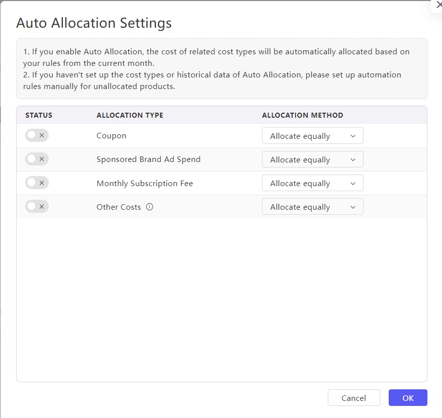 Auto allocation settings