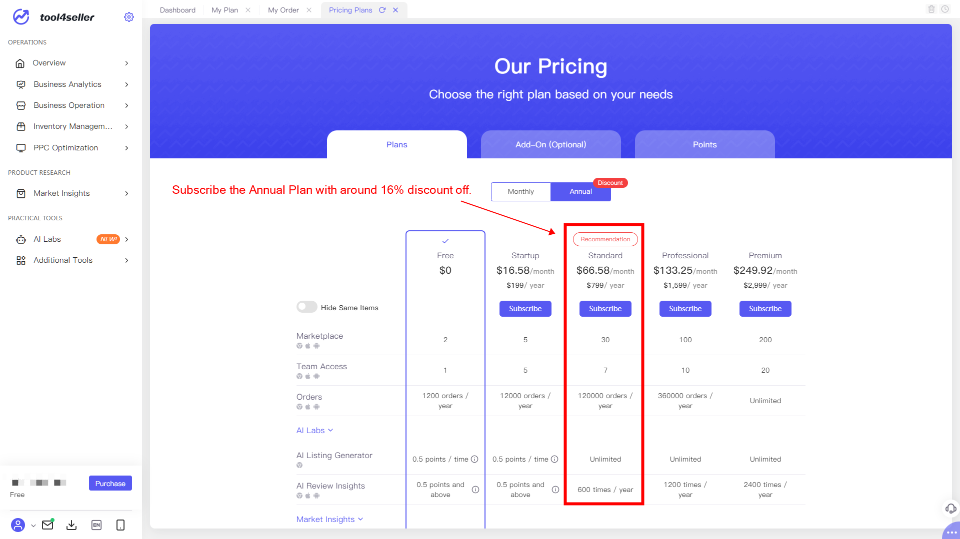 Tool4seller Pricing page - Amazon seller tool