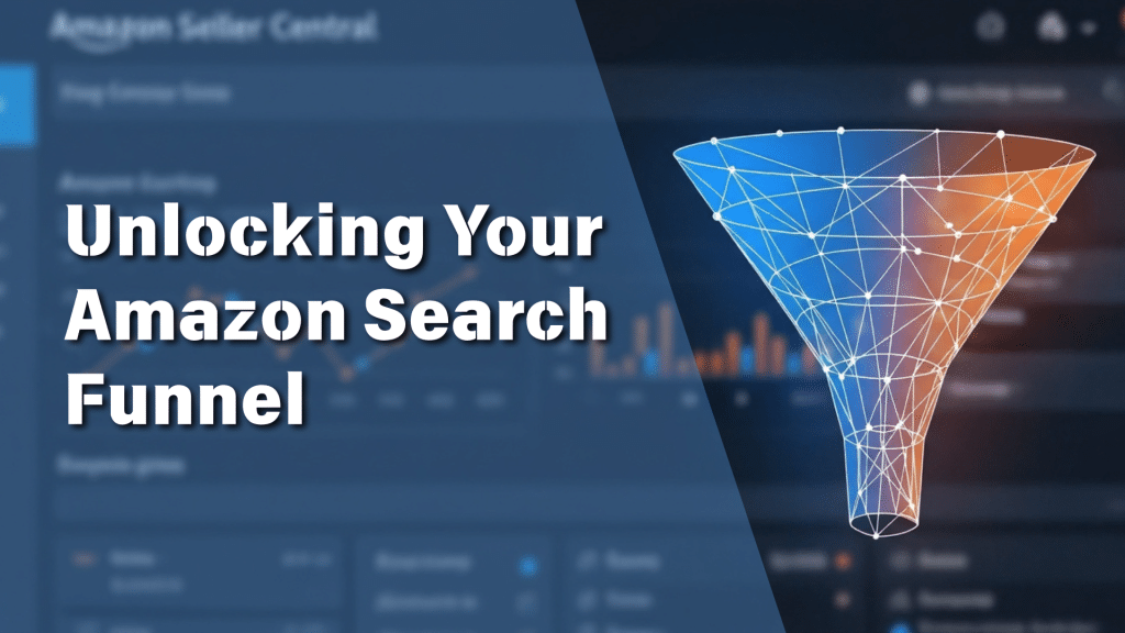 This is a title graphic for a guide on optimizing the Amazon search funnel. The image features the bold text "Unlocking Your Amazon Search Funnel" overlaid on a blurred background of the Amazon Seller Central interface. A stylized, digital funnel on the right visually represents the customer journey, from broad search queries at the top to a specific purchase at the bottom. The image conceptualizes the process of analyzing and improving the path shoppers take on Amazon to increase conversions.