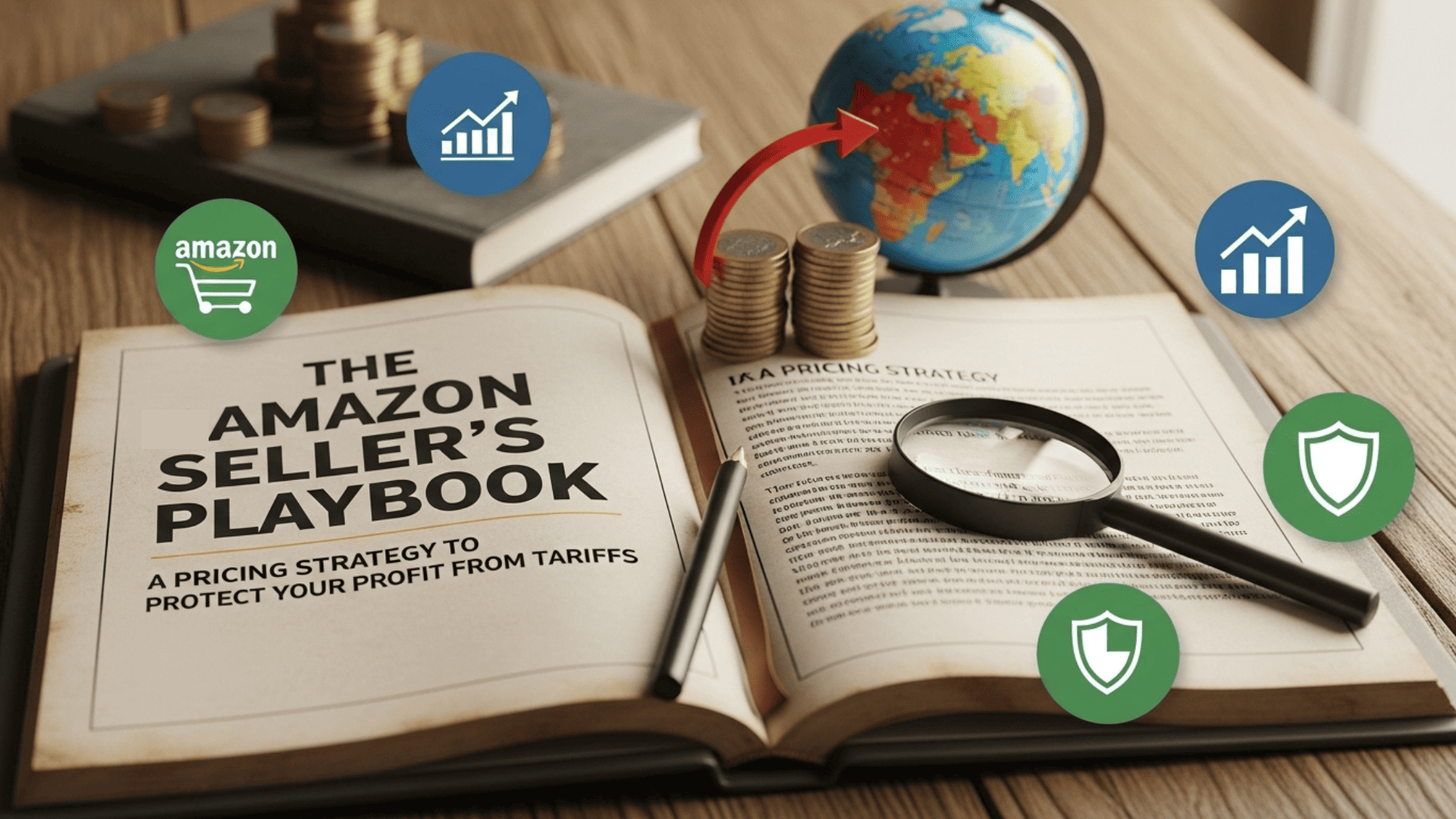 This image features an open book titled "The Amazon Seller's Playbook," highlighting a pricing strategy to protect profits from tariffs. The book is surrounded by symbolic objects including a globe, stacks of coins, and a magnifying glass, representing global commerce, financial success, and careful analysis. Icons for Amazon, business growth, and security are overlaid, collectively illustrating the strategic planning required for Amazon sellers to navigate the complexities of international trade and ensure profitability.