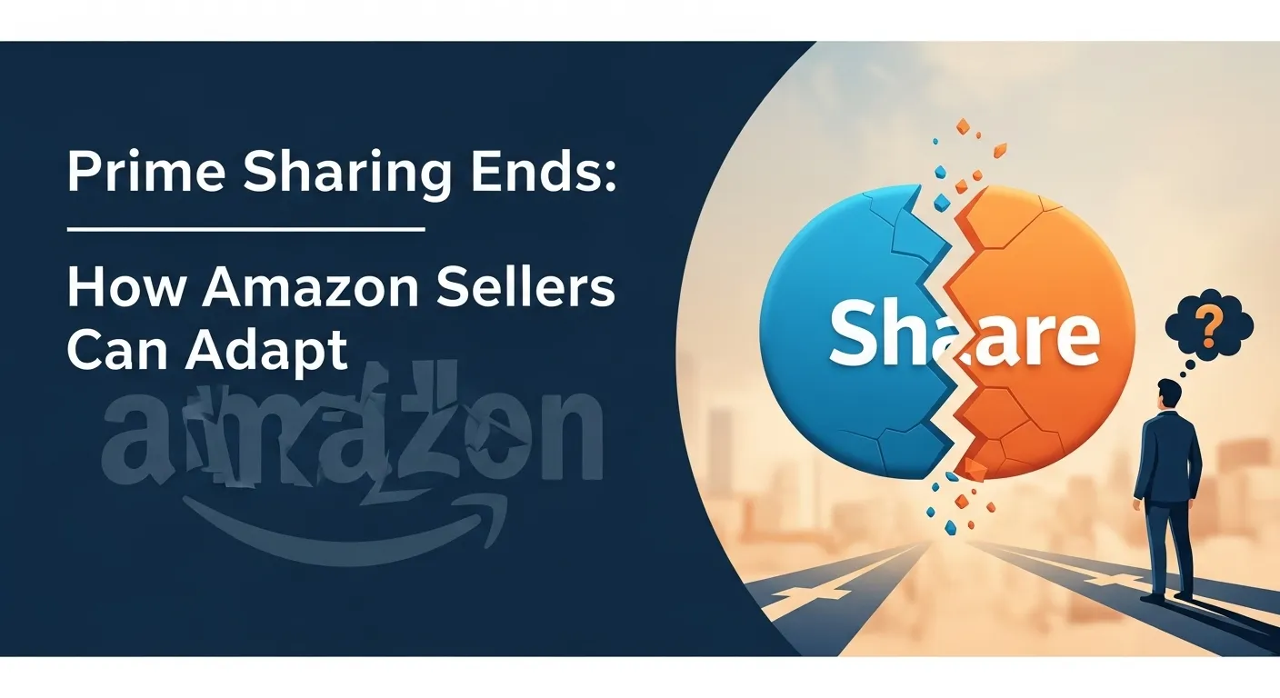 An article banner about the end of Amazon Prime sharing, with the text "Prime Sharing Ends: How Amazon Sellers Can Adapt." The image features a graphic of a sphere labeled "Share" breaking apart, symbolizing the policy change and its impact on the Amazon e-commerce marketplace.