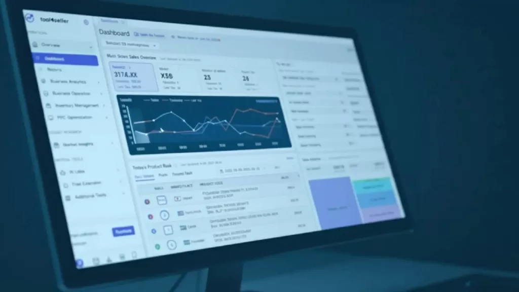 A computer screen displaying the tool4seller software dashboard, showing sales data, performance graphs, and product rankings for an e-commerce business.