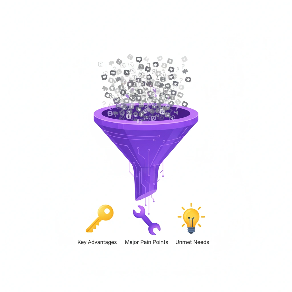 An AI data funnel processing chaotic customer review icons and outputting clear, valuable insights like a key, wrench, and lightbulb.