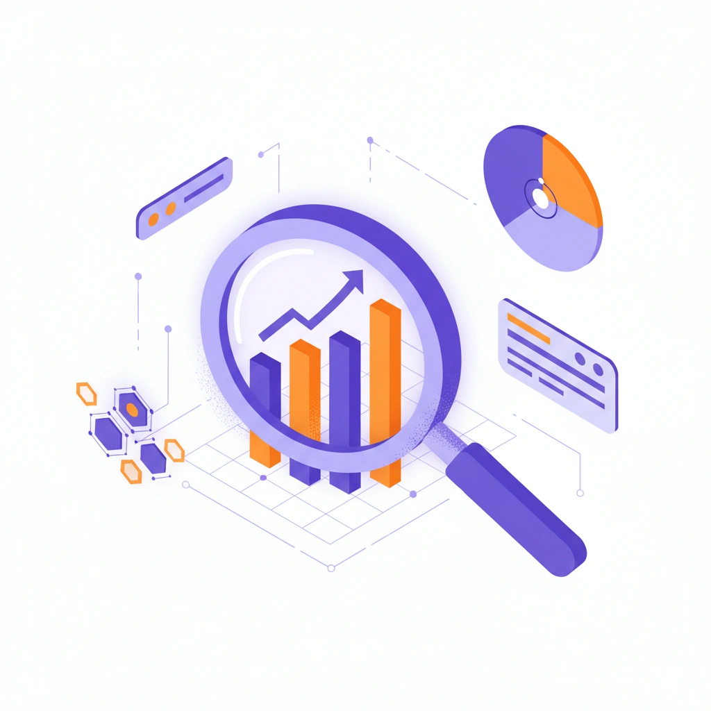 Vector illustration of a magnifying glass analyzing a growing bar chart, representing AI market analysis.